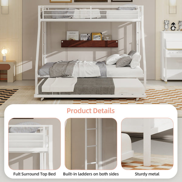 English Elm High Stability Square Tube Bunk Bed With Trundle & Ladder - Modern Design For Home & Dorms! W1935P360891