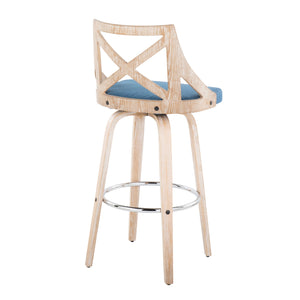 English Elm Charlotte 30" Farmhouse Barstool Set of 2 — Whitewashed Wood X-Back, Blue Fabric Cushions, 360° Swivel B202S00497