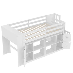 English Elm Twin Kids Low Loft Bed with Stair Drawers Built-in Led Shelving and Bear Handles W697S00039