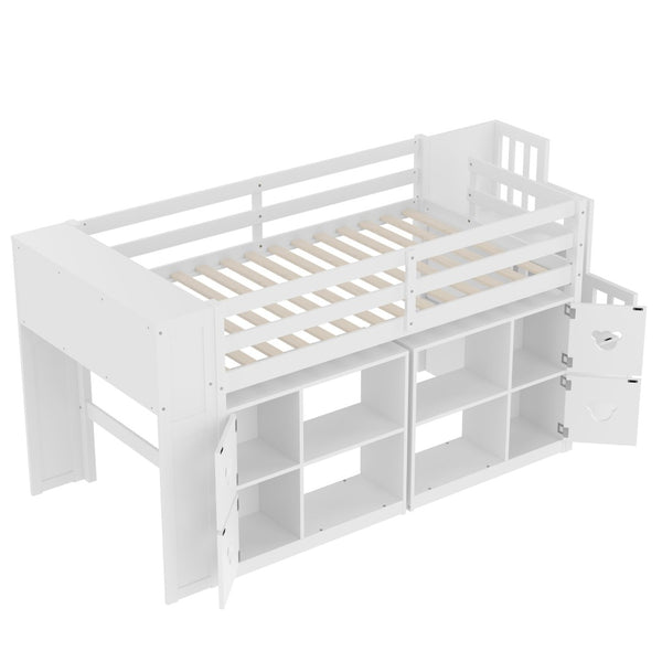 English Elm Twin Kids Low Loft Bed with Stair Drawers Built-in Led Shelving and Bear Handles W697S00039