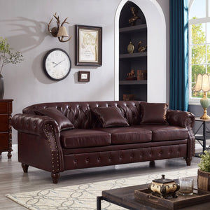 English Elm 85.8" Living Room Chesterfield Sofa with Storage Classic Tufted PU Upholstery Solid Wood Frame, 3-Seater Comfort Burgundy W1097S00149