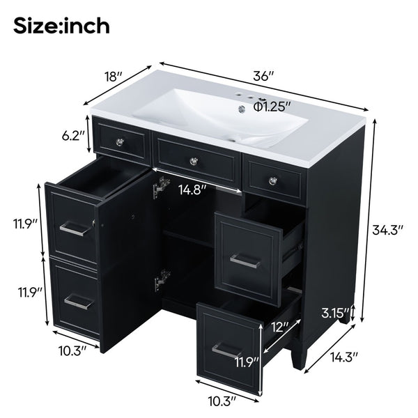 English Elm 36" Matte Black Shaker Vanity with Resin Sink Solid Wood 3 Drawer Soft Close SV000003AAB