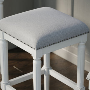 English Elm 31"h Distressed Walnut Bar Stool Carved Wood Frame with Upholstered Faux Leather Seat B2751P436459