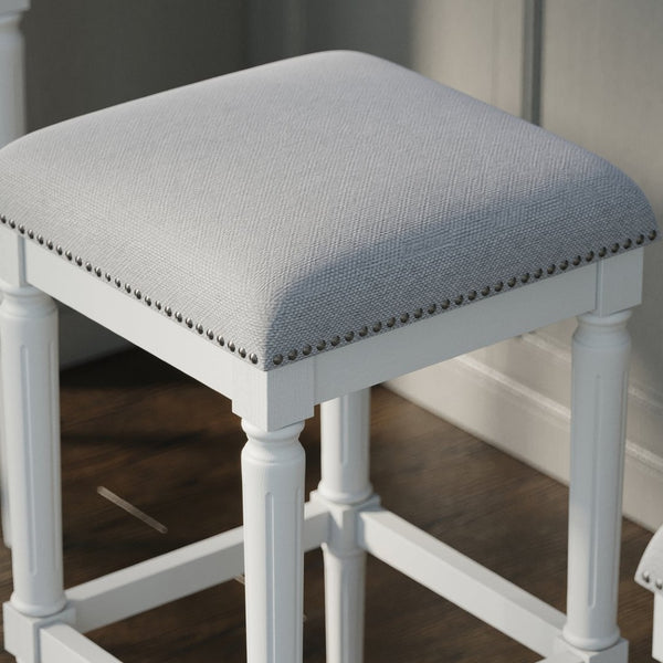 English Elm 31"h Distressed Walnut Bar Stool Carved Wood Frame with Upholstered Faux Leather Seat B2751P436459