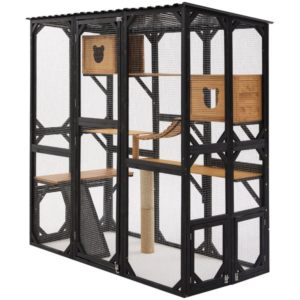 English Elm Outdoor Fir Wood Window Catio Enclosure with Four Climbing Platforms for Cats Black,Brown N719P418377D
