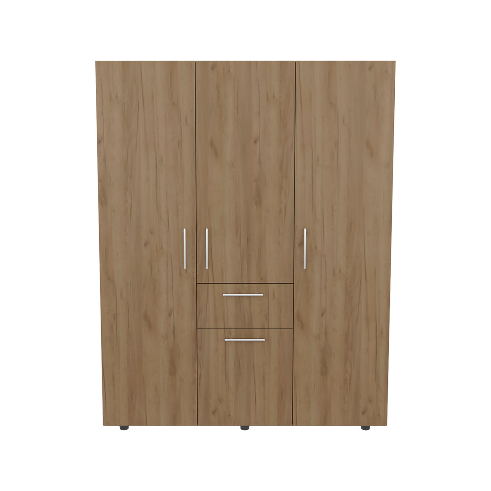 English Elm Bariloche 70" High Four-Door Armoire with Drawer, 3 Hanging Rods & 7 Shelves — Natural Oak Wardrobe B200S00421