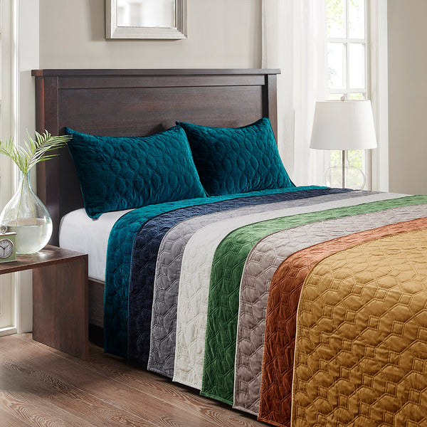 JLA Home Madison Park - 3 Velvet Quilt Set with Plush Polyester Velvet, Geometric Stitching, Antimicrobial Finish for Cozy Beds Rust MP13-8008
