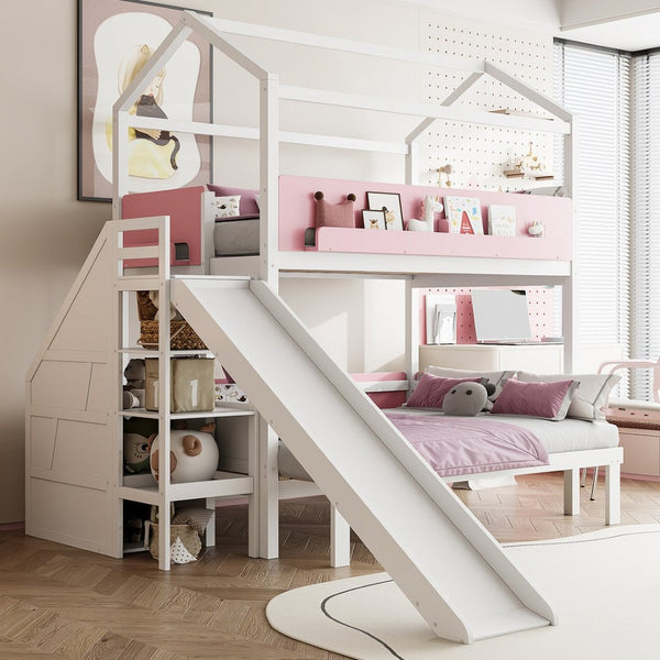 English Elm House-shaped Pine Bunk Bed with Built-in Slide Storage Staircase Twin Over Full Kids Frame White+Pink N820S00082K