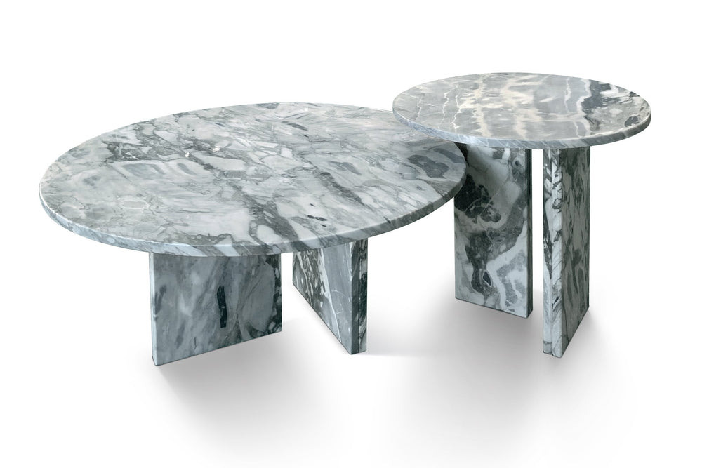 English Elm Blue Blue Gray natural marble coffee table set — luxury veined stone duo, polished, easy-assemble centerpiece W1696S00003