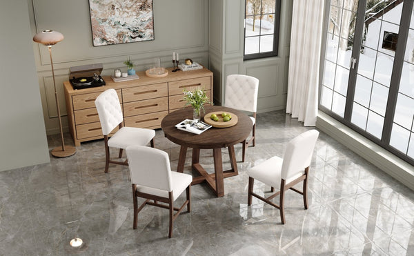 English Elm Trexm Retro 5 Piece Extendable Round Dining Set with Button Tufted Upholstered Chairs Walnut ST000094AAD-2026