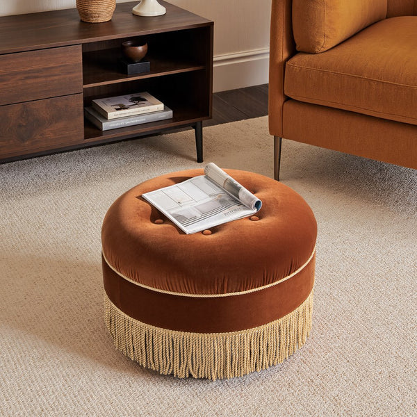 English Elm Jennifer Taylor Home - Yolanda Round 24" Upholstered Accent Ottoman in Performance Velvet with Tassel Fringe, Durable Build Burnt Orange B2719P358853