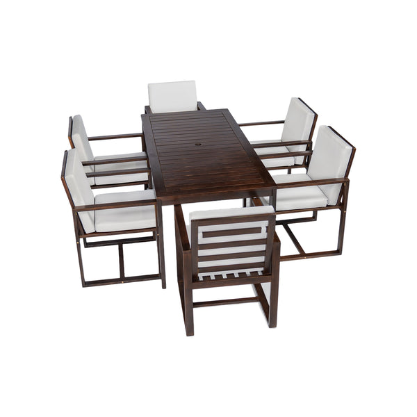 English Elm Patio 7-Piece Acacia Wood Dining Set with Removable Beige Cushions, Durable 330lb Chairs N719Z000090D