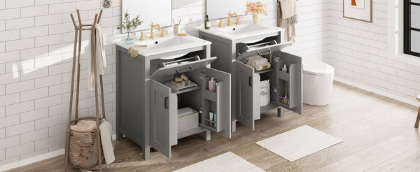 English Elm Modern 48 Inch Freestanding Bathroom Vanity Dual Ceramic Sinks Soft Close Gold Handles Grey N729P000008E