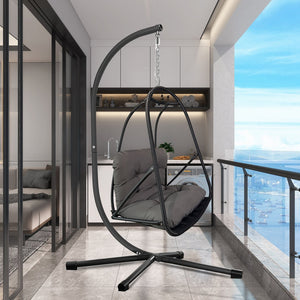 English Elm Swing Egg Chair with Stand - Foldable Rattan Hanging Basket Seat, Cushioned Comfort, Cup Holder Black W2707P388616