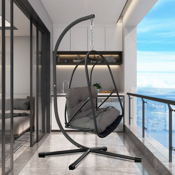 English Elm Swing Egg Chair with Stand - Foldable Rattan Hanging Basket Seat, Cushioned Comfort, Cup Holder Black W2707P388616