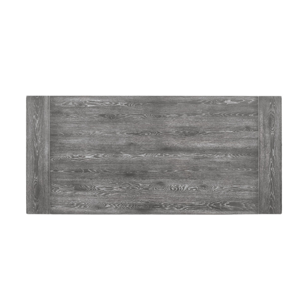 English Elm Rectangular Weathered Gray Trestle Dining Table with Double Turned Pedestal – Rustic Elegance, Durable Craftsmanship, Family-Friendly Centerpiece B016S00012