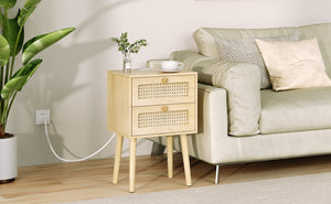 English Elm 15"W Rattan 2-Drawer Nightstand with USB/AC Ports, Natural Boho Wood Bedside Table, Compact Storage T3771P351733