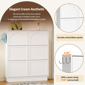 English Elm Modern Narrow Tipping Shoe Cabinet with 6 Flip Drawers, Slim 9.45" Space-Saving Cream Organizer with Hooks and Adjustable Shelves for Entryway (Fits 12–24 Pairs) White N721P288699K