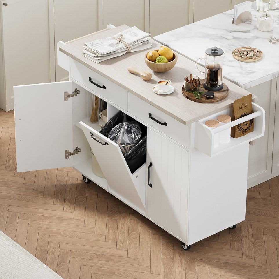English Elm K&K Kitchen Island with Tilt-Out Trash Can, Drop Leaf Counter, Adjustable Shelf, Rolling Cart Ameican White Oak WF326381AAW