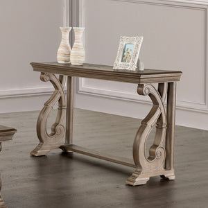 English Elm Traditional Sofa Table With Solid Wood Build, Curved Scroll Legs & Elegant Weather Oak Finish B2741P361129-GIGA