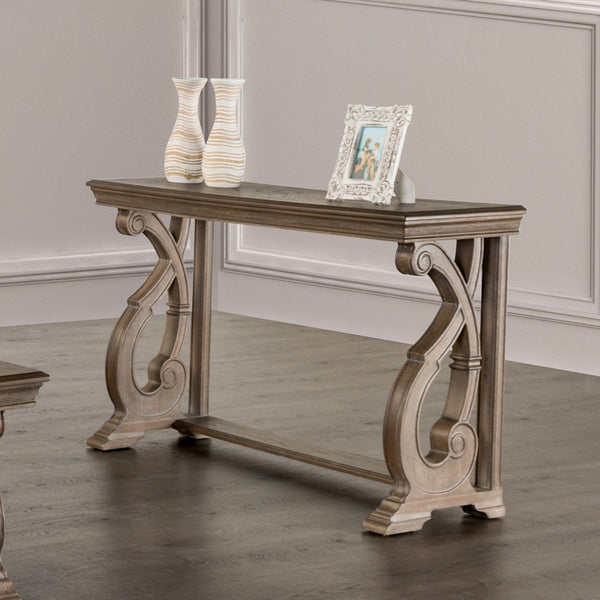 English Elm Traditional Sofa Table With Solid Wood Build, Curved Scroll Legs & Elegant Weather Oak Finish B2741P361129-GIGA