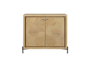 English Elm Hickory Veneer Two Door Storage Chest with Metal Legs and Geometric Wood Grain Pattern B2699P447495
