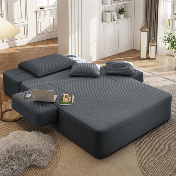 English Elm Luxurious Corduroy Convertible Chaise Lounge Sofa Bed with Foam Support for Apartments Dark Gray W3219P449014