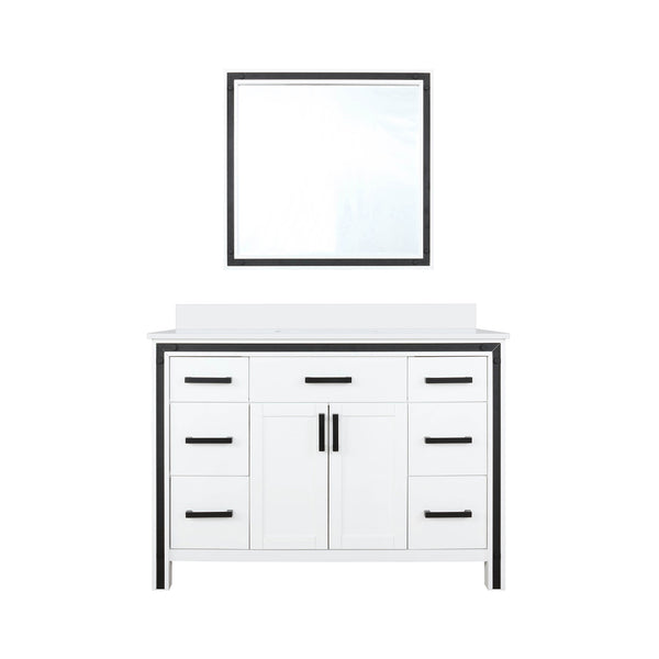 English Elm White Bath Vanity 48x22 with White Quartz Top, Soft-Close Drawers, Mirror Included, Durable Finish B2731S00805