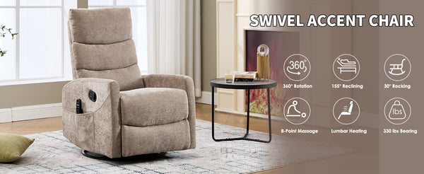 English Elm Heat Massage Recliner with Swivel Rocker and 8 Node Vibration for Living Room Comfort W3224P357562
