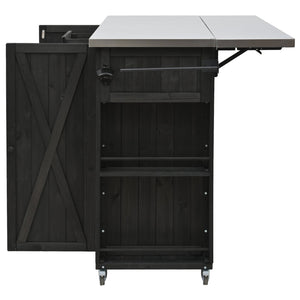 English Elm Outdoor Kitchen Island Solid Fir Wood with Foldable Stainless Top, Ample Storage, Wheels, Opener Black N719P246553B