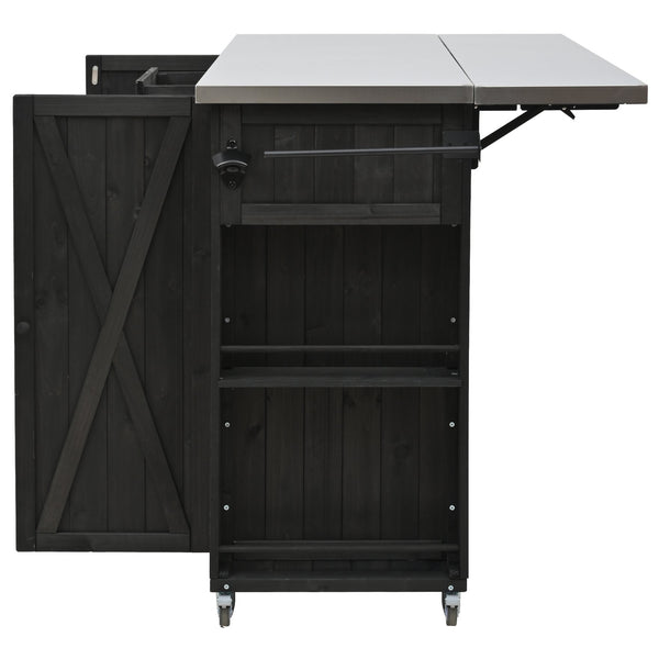 English Elm Outdoor Kitchen Island Solid Fir Wood with Foldable Stainless Top, Ample Storage, Wheels, Opener Black N719P246553B