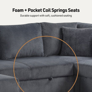 English Elm Ruxley Corduroy Sleeper Sectional Sofa with Right-Facing Storage Chaise and Plush Throw Pillows for Spacious Comfort and Easy Guest Conversion Gray B061S00907