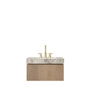 English Elm Muri Floating Bathroom Vanity Plywood Cabinet Sintered Stone Top Woodgrain Finish W2615S00602