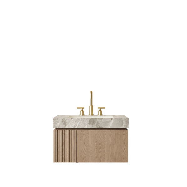 English Elm Muri Floating Bathroom Vanity Plywood Cabinet Sintered Stone Top Woodgrain Finish W2615S00602