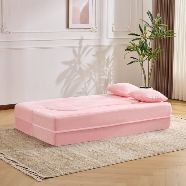 English Elm 71-inch plush folding sofa bed with high-density foam, faux fur futon convertible for guests and yoga Pink W1829P362300
