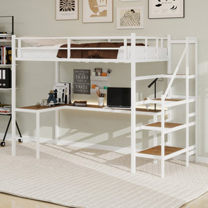 English Elm Loft loft bed with L-shaped desk, built-in storage stairs, 360° guardrail, sturdy iron frame for small rooms White W1935S00004