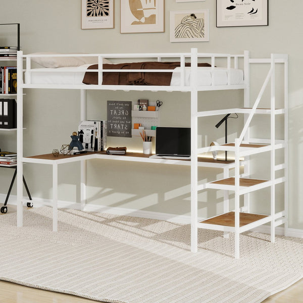 English Elm Loft loft bed with L-shaped desk, built-in storage stairs, 360° guardrail, sturdy iron frame for small rooms White W1935S00004
