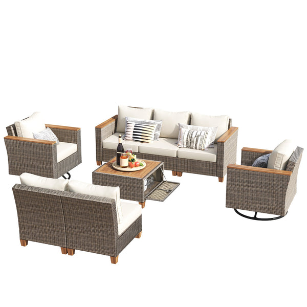 English Elm K&K 8-Piece Wicker Patio Set with 360° Swivel Rockers, Acacia Storage Table, Durable Cushions Beige+Brown N707S000016Z