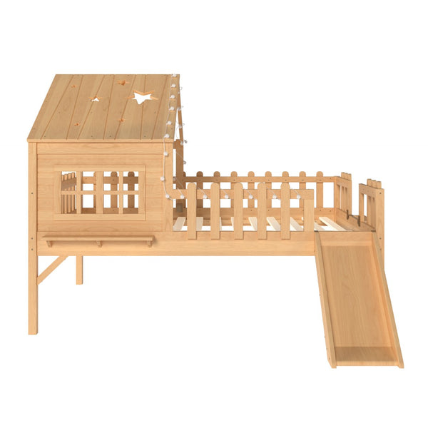 English Elm Twin Playhouse Loft Bed Solid Pine Frame with Slide Led Lights and Star Roof Natural W5316S00005