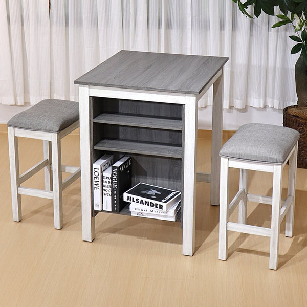 English Elm 3 Piece Counter Height Dining Set with Shelving Cushioned Stools Modern Farmhouse Kitchen Antique Gray,Antique White W2537P369838