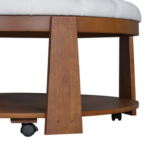 English Elm Modern Round Oversized Ottoman Coffee Table with Button Tufting, Waterproof Linen, Wheels & Lower Wood Shelf for Storage and Seating Ivory White N735P180224K