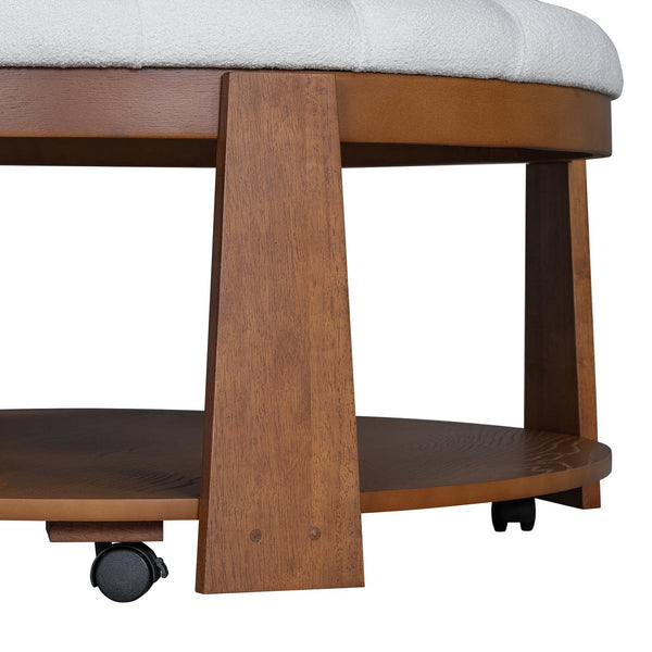 English Elm Modern Round Oversized Ottoman Coffee Table with Button Tufting, Waterproof Linen, Wheels & Lower Wood Shelf for Storage and Seating Ivory White N735P180224K