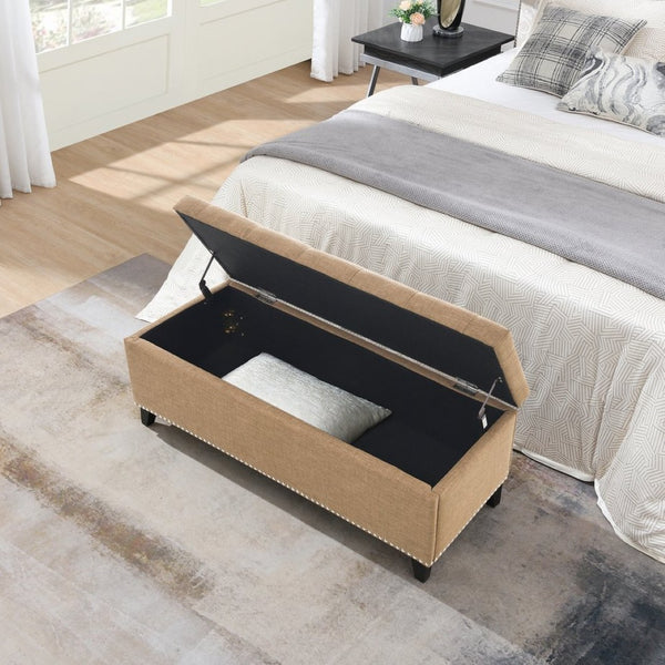 English Elm 47.5" Linen Tufted Storage Bench with Nailhead Trim and Hydraulic Hinge for Entryway W2671P450822