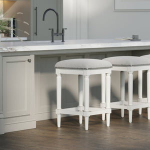 English Elm 27"h Square Faux Leather Counter Stool Solid Wood Carved Legs Distressed Walnut Finish B2751P436460