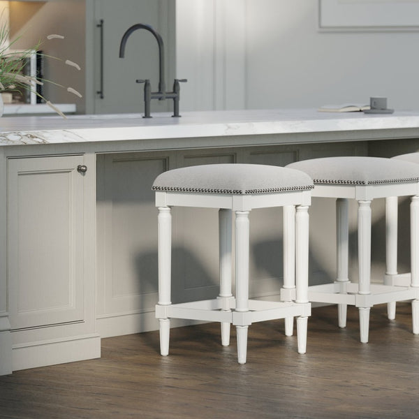English Elm 27"h Square Faux Leather Counter Stool Solid Wood Carved Legs Distressed Walnut Finish B2751P436460