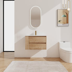 English Elm 30" Wall-Mount Bathroom Vanity With Ceramic Sink, Soft-Close Drawers & Configurable Side Shelf W999S00206