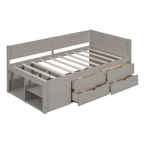 English Elm Twin Daybed with Two Pull Out Drawers and Open Shelves for Small Bedroom Storage Gray LP102022AAE