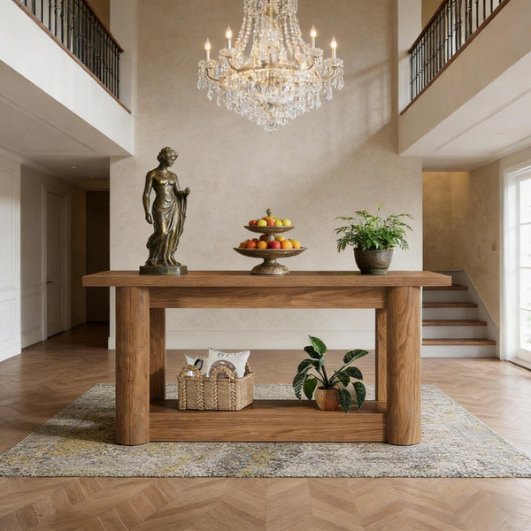 English Elm Practical Geometric Console Table with Matte Black Wood Grain Finish for Entryway or Sofa T3971P453271