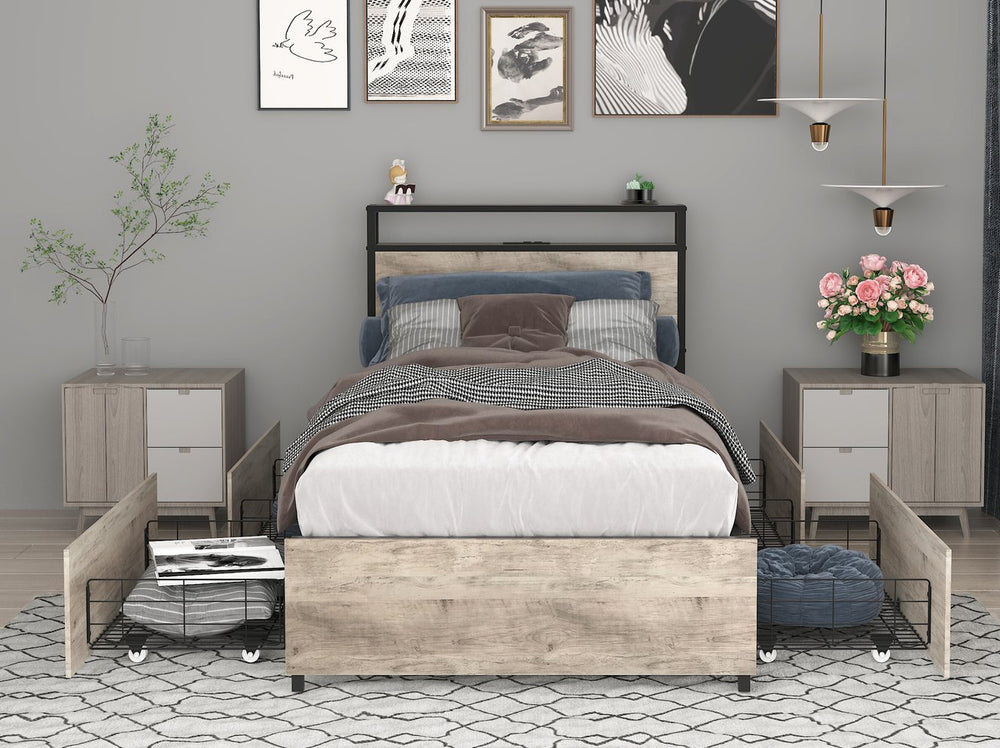 English Elm Twin Bed Frame with Storage Headboard, USB Charging, RGB LED Lights, 4 Drawers, Sturdy Gray Wash W2129P272269
