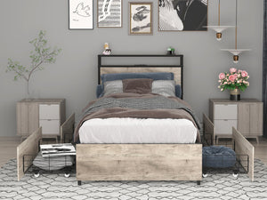English Elm Twin Bed Frame with Storage Headboard, USB Charging, RGB LED Lights, 4 Drawers, Sturdy Gray Wash W2129P272269